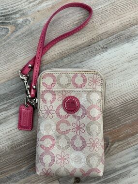 Coach Pink and Cream Signature Floral Wristlet Phone Pouch